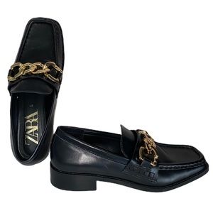 Zara Square Toe Chain Trim Leather Stacked Heel 37